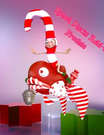Colorful 3D character with a candy cane hat posing on a whimsical red and white animal figure, featuring playful accessories, perfect for holiday-themed digital art and 3D asset collections.