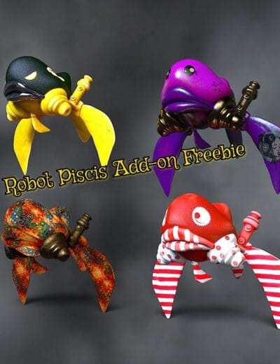 Colorful robot Pisces add-on figurines with unique designs for Daz3D, perfect for 3D modeling, animation, and creative projects, showcasing high-quality, diverse textures and styles.