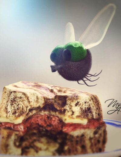 Fuzzy purple cartoon fly with green eyes hovering over layered cake on a white plate.