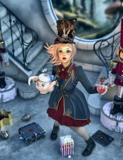 Intricate 3D girl character holding a rabbit-shaped teapot and potion, surrounded by decorative nutcracker soldiers, set in a whimsical, fantasy-inspired scene, showcasing high-quality Daz3D assets.