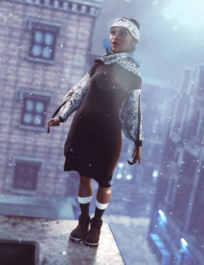 Stylish woman in urban winter setting, wearing fashionable dress and sneakers, snowy backdrop, city buildings, 3D character, modern fashion, digital art, high-quality Daz3D assets.