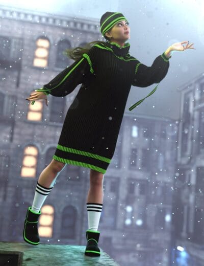 Leggy teenage girl in stylish black and neon green winter outfit, standing outdoors in a snowy cityscape with snowflakes falling, showcasing 3D fashion assets, digital art, and urban winter scene.
