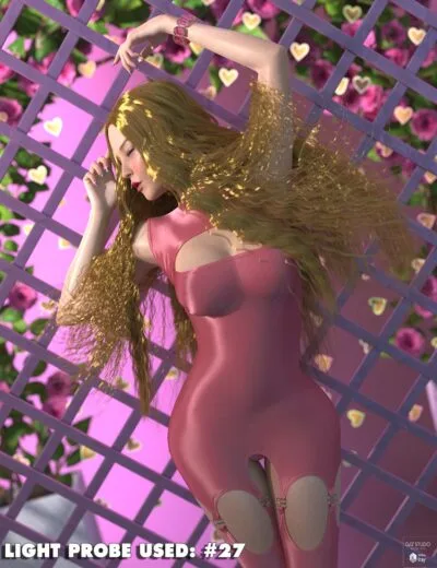 Pink bodycon dress with cutouts and zipper details, long flowing blonde hair, lying on purple lattice background with pink roses and floating heart shapes, artistic 3D render for stunning visual effect, perfect for glam or fashion scenes.