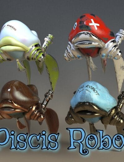 Metallic fish robot sculptures with colorful paint and steampunk design, 3D render for Daz3D assets, aquatic theme, creative character models, detailed textures, futuristic aquatic robots for digital art projects.