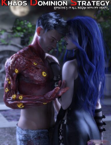 Alien humanoid creature with yellow eyes and red textured skin, futuristic fantasy couple with vibrant blue hair, digital art 3D render, high quality Daz3D assets for creative projects, immersive sci-fi scene.