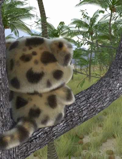 Colorful spotted jungle cat resting on tree branch in lush tropical forest 3D model, high detail, Daz3D assets, realistic fur texture, nature scene, wildlife, digital art, illustration.
