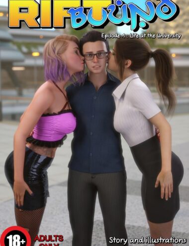 Rifubo episode 1: A young man surrounded by two women with provocative poses and expressions, set in a university campus, emphasizing adult-themed storytelling and digital art assets.