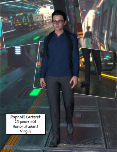 RB Vol 1 – Page 1 High-quality futuristic cityscape with advanced transit system and a stylish young woman character, showcasing detailed 3D Daz3D assets for sci-fi environments.