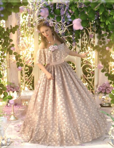 Luxury 3D fantasy dress, elegant gown, ornate floral gown, royal female character, elaborate gold and pink details, digital art, 3D render, high-quality Daz3D asset.