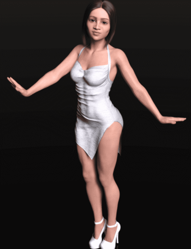 Marnie Full 3 3D female model with realistic features wearing a silver dress and white high heels, showcasing high-quality Daz3D assets from 3D Shards, perfect for digital art and character design.