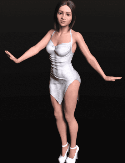 3D female model with realistic features wearing a silver dress and white high heels, showcasing high-quality Daz3D assets from 3D Shards, perfect for digital art and character design.