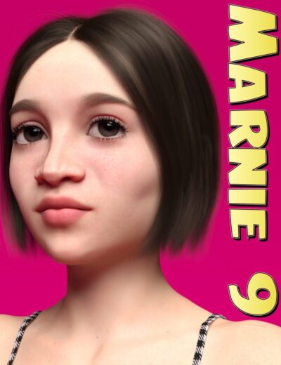 Portrait of a young woman with short brown hair and realistic skin texture, digital art 3D render, showcasing detailed facial features, ideal for Daz3D assets, on vibrant pink background.