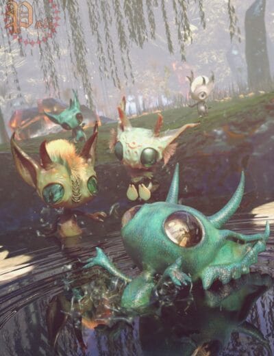 3D fantasy creatures swimming in a mystical forest pond, featuring detailed, high-quality Daz3D assets, with vibrant colors and realistic textures for immersive digital art.