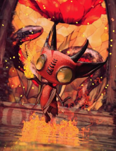 Daz3d fantasy demon creature with horns and glowing eyes in fiery environment, 3D character model, detailed textures, high-quality render, dark fantasy art, digital storytelling, 3D assets for games and animation, high-resolution.