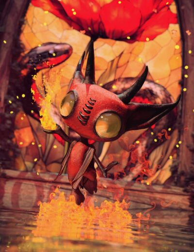 Daz3d fantasy demon creature with horns and glowing eyes in fiery environment, 3D character model, detailed textures, high-quality render, dark fantasy art, digital storytelling, 3D assets for games and animation, high-resolution.