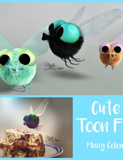 Cute toon fly with fluffy furry body, large cartoonish eyes, transparent wings, and vibrant colors, created as high-quality 3D Daz3D assets for digital art and animation projects.