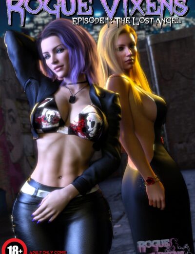 Rogue Vixens comic cover featuring two alluring female characters with bold costumes, urban graffiti background, and vibrant lighting, promoting high-quality Daz3D assets for dynamic character renders.