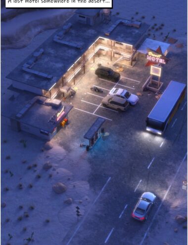 RV_01_01 Abandoned desert motel 3D render, deserted roadside inn with vintage signage, isolated parking lot, night scene, desolate atmosphere, high-quality Daz3D assets, urbanDecay, lonely motel environment.