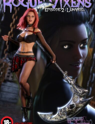 Mature-rogue-vixens-character-daz3d-assets, detailed 3D character of a rogue vixen in provocative costume with a large fantasy axe, showcasing high-quality Daz3D assets for realistic renders.