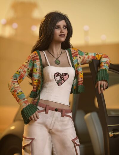 Vibrant female character model with detailed clothing, stylish hair, and expressive pose, showcasing high-quality 3D assets from Daz3D, ideal for digital art and animation projects.