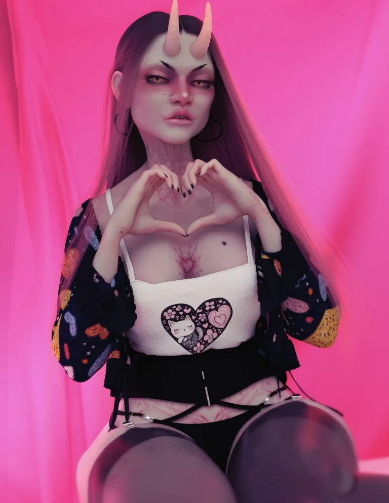 3D rendered demon girl making a heart gesture with her hands, featuring detailed tattoos and a cute cartoon heart on her top, set against a vibrant pink background.