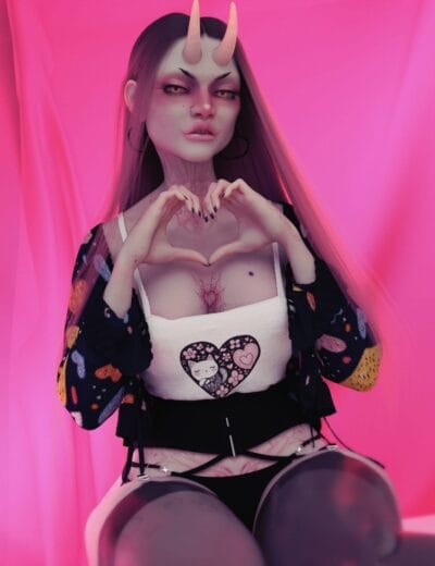 3D rendered demon girl making a heart gesture with her hands, featuring detailed tattoos and a cute cartoon heart on her top, set against a vibrant pink background.