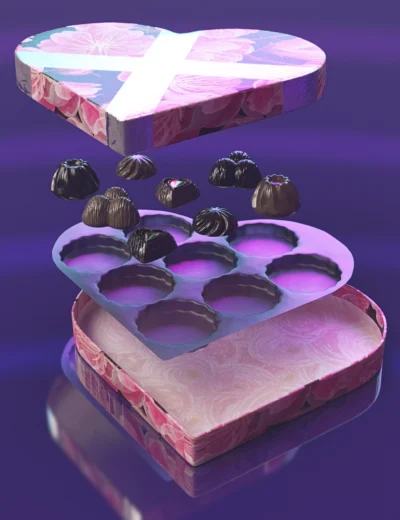 Deluxe pink floral gift box with heart-shaped chocolates and confections, rendered in 3D for high-quality Daz3D asset visualization. Perfect for romantic or Valentine's Day themes.