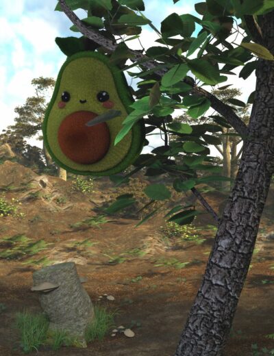 Avocado cartoon character with a cute face hanging from tree branches in a lush forest scene.