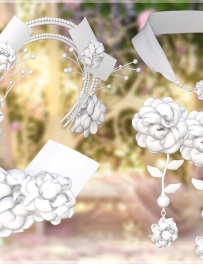 White floral jewelry set, 3D floral necklace and earrings mockup for Daz3D assets, elegant jewelry design, decorative accessories, 3D model rendering for wedding or special occasion, high detail.