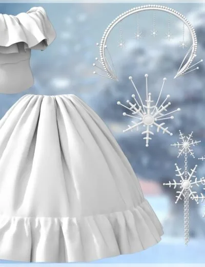 Faintly textured white 3D dress with ruffled collar and hem, along with snowflake jewelry and accessories, set against a wintery background, ideal for holiday or festive 3D scenes.