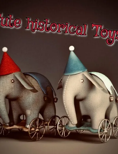Colorful vintage-style elephant toys with wheels, wearing festive hats, designed for Daz3D scenes, perfect for holiday and nursery decorations, high-quality 3D assets from 3D Shards.