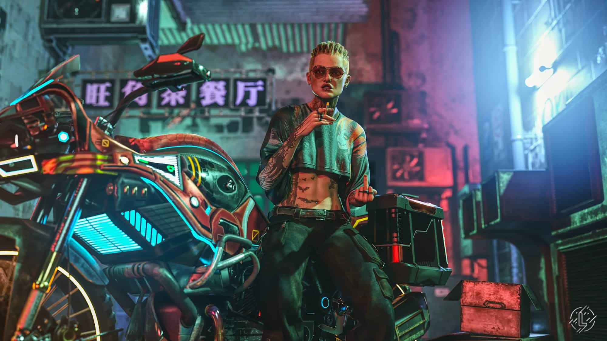 Futuristic rebel leaning on neon-lit motorcycle in gritty cyberpunk cityscape with vibrant holographic ads.