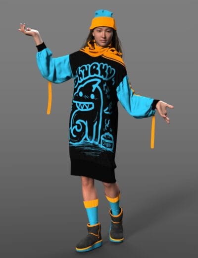 Bright, colorful streetwear fashion featuring a oversized sweater with cartoon graphic, beanie, and chunky boots, ideal for 3D character design and digital fashion assets.