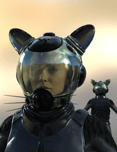 3D futuristic cat girl character with a sleek, reflective helmet and body armor, showcasing high-quality Daz3D assets for sci-fi and fantasy 3D rendering.