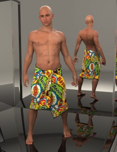 Bright colorful comic-style men's swim trunks with graffiti text patterns, 3D Daz3D asset, modern fashion, versatile clothing, summer wear, vibrant design, high-quality digital fashion asset.