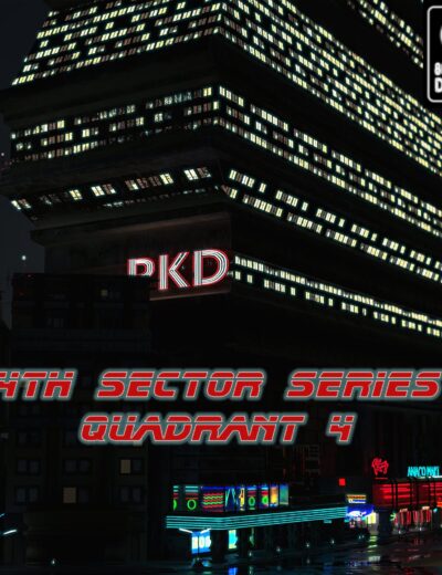 Futuristic cityscape featuring a neon-lit skyscraper with prominent "PKD" signage and vibrant street-level lights, perfect for cyberpunk-themed 3D scenes.