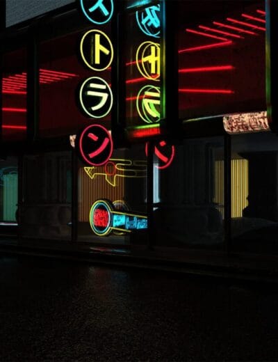 Neon-lit storefront with colorful Asian-inspired signage and glass windows showcasing vibrant neon lights, creating a cyberpunk atmosphere for digital art, 3D modeling, and visual effects.
