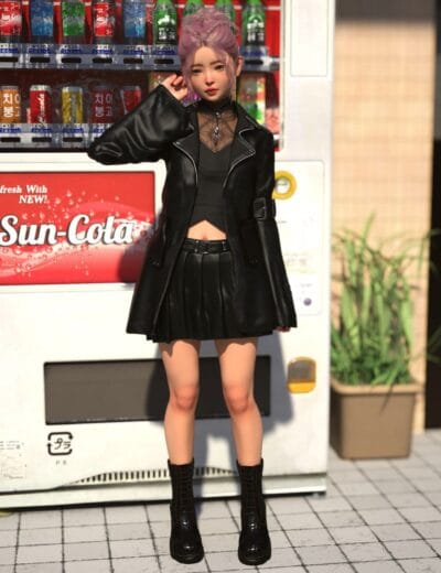Vibrant digital 3D rendering of a fashionable female character standing in front of a vending machine, showcasing detailed clothing and realistic textures for high-quality Daz3D assets.