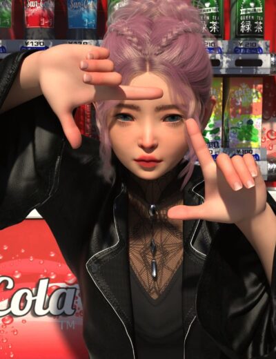 3D realistic female character with pink hair styling in front of a vending machine, wearing a black leather jacket, capturing a youthful and trendy appearance for digital art and gaming assets.