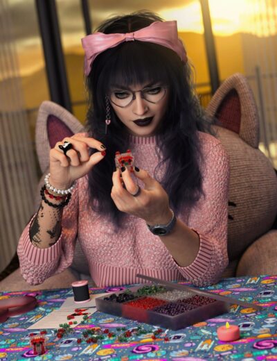 3D render of a young woman with dark hair, glasses, and goth-inspired fashion creating beaded jewelry with colorful beads at a vibrant craft table during sunset.