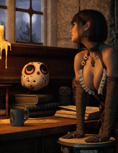 Intricate 3D digital art featuring a fantasy-themed scene with a woman, owl-like creature, mystical books, and detailed props in a gothic-style room for high-quality Daz3D asset visualization.