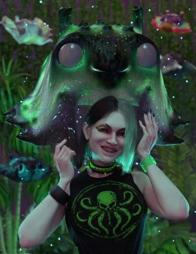 Vibrant neon green and black alien skull hat worn by a stylized woman with gothic fashion, surrounded by bioluminescent underwater creatures and lush aquatic plants, in a surreal fantasy scene.