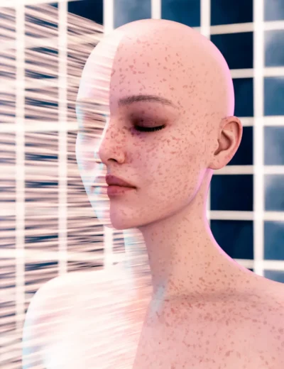 High-quality 3D female character with realistic freckles and closed eyes, showcasing detailed skin textures and modern digital art styles. Perfect for fantasy, sci-fi, or futuristic scene creation.