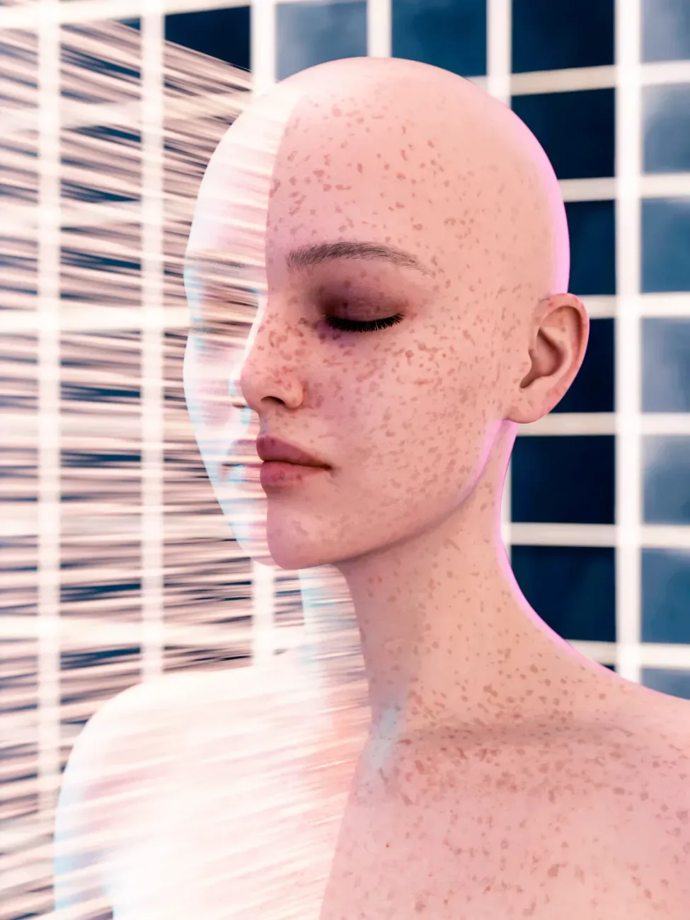 High-quality 3D female character with realistic freckles and closed eyes, showcasing detailed skin textures and modern digital art styles. Perfect for fantasy, sci-fi, or futuristic scene creation.