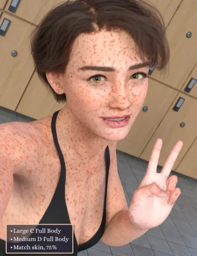 Freckled woman taking a selfie in gym locker room, showcasing detailed 3D character assets with luminous skin, realistic freckles, and expressive pose.