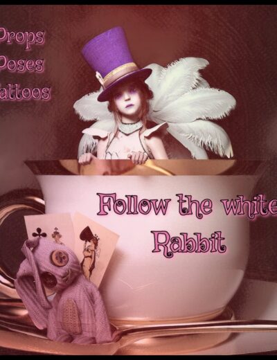 Follow the white rabbit, whimsical fantasy doll with fairy wings, purple top hat, and pink plush rabbit toy, set in a magical tea scene, perfect for Daz3D assets, props, and character poses.