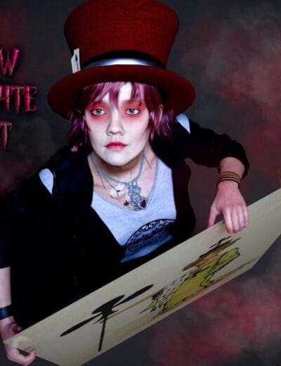 Young woman dressed as the Mad Hatter holding a large playing card, with a dark, smoky background and Gothic-style text that reads "Follow the White Rabbit" for a fantasy-themed Daz3D asset image.
