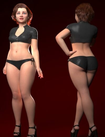 Daz3D female model dressed in black mesh crop top and matching shorts, showcasing realistic 3D character assets for digital art and animations, against a deep red background.