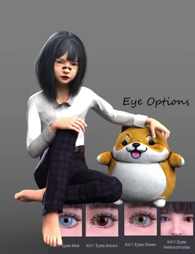 Blue-eyed girl with black hair and animated dog plush toy, featuring customizable eye options, 3D rendering of character and accessories, suitable for Daz3D assets and digital art projects.
