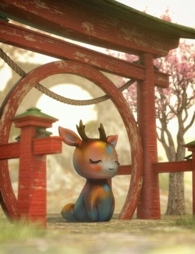 Colorful 3D deer character in a whimsical outdoor scene with a rustic red wooden structure and cherry blossom trees, showcasing high-quality Daz3D assets and detailed 3D models.